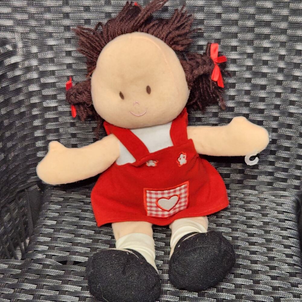 ​Vintage Lillian Vernon Rag Doll Brown Yarn Hair Red Dress Heart Pocket Soft Toy